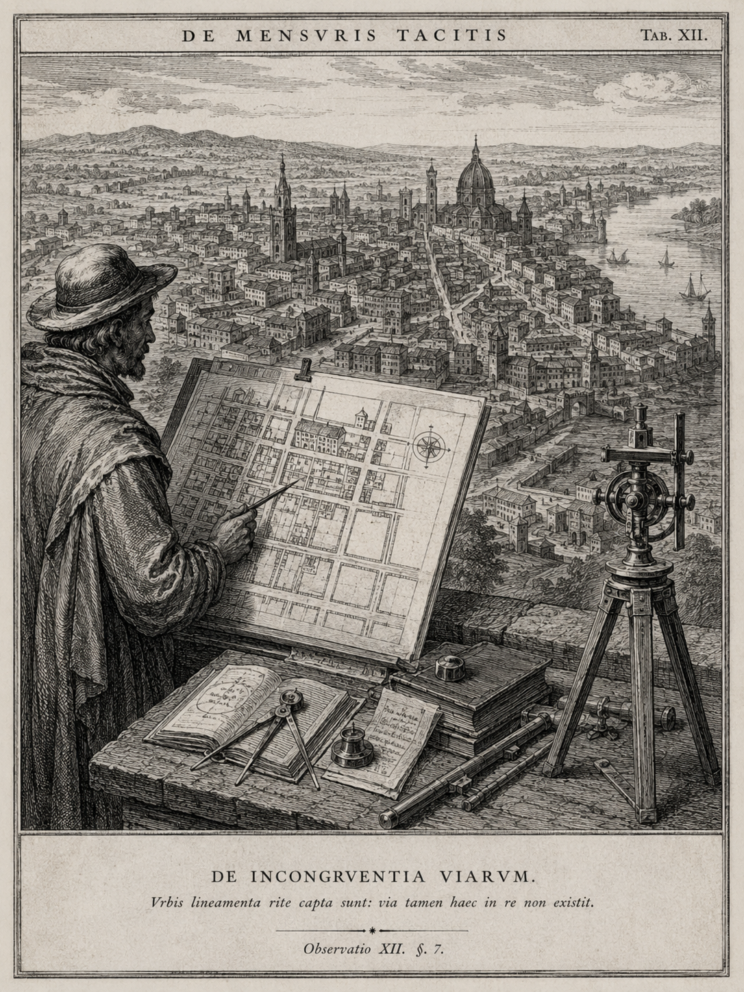 Copperplate-style illustration of a surveyor comparing a city plan with the city below.